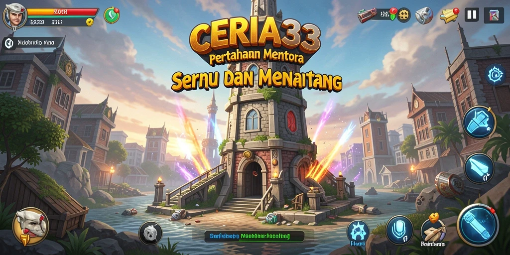 Tampilan gameplay seru di CERIA33 dengan menara pertahanan yang menonjol.