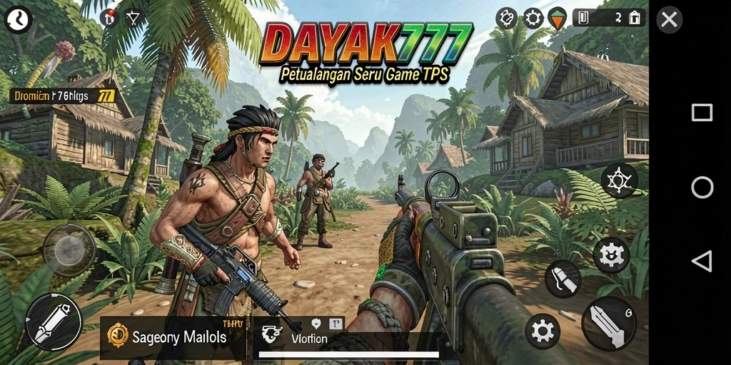 Gambar tampilan gameplay DAYAK777 dalam suasana peperangan TPS.