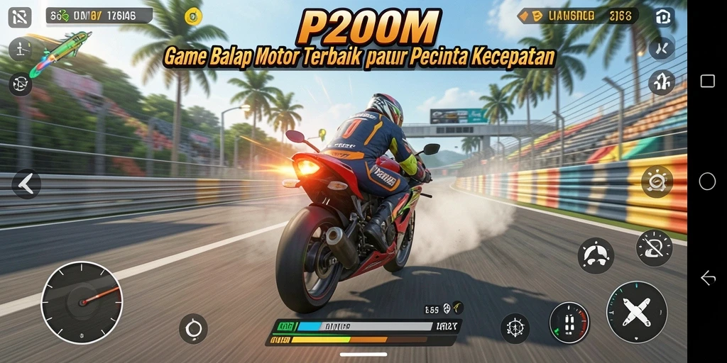 Gameplay seru P200M menampilkan balapan motor yang mendebarkan.