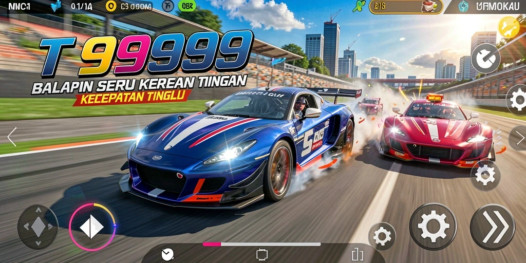 Gameplay T9999 menampilkan balapan yang cepat dan mendebarkan.